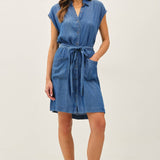 Be Cool - MINI DENIM LOOK TENCEL BUTTON UP DRESS WITH POCKETS
