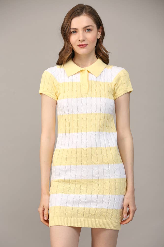 FATE - STRIPE POLO COLLAR SHORT SLV SWEATER DRESS