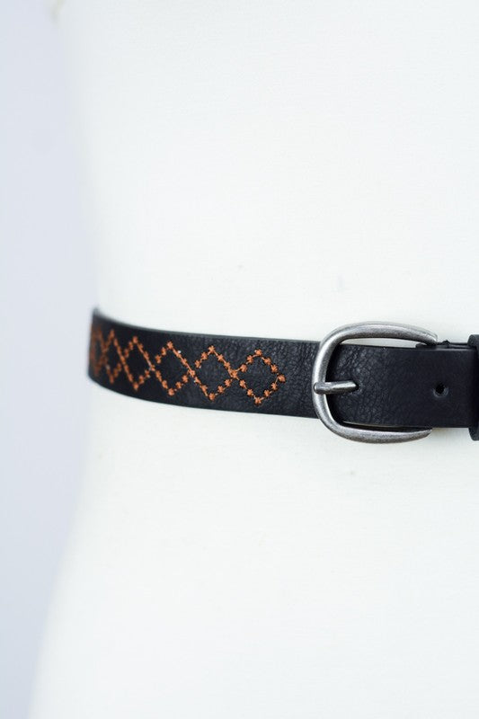 Skinny Embroidered Faux Leather Belt (Various colors)