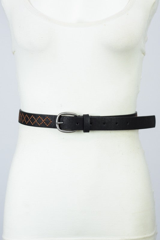 Skinny Embroidered Faux Leather Belt (Various colors)