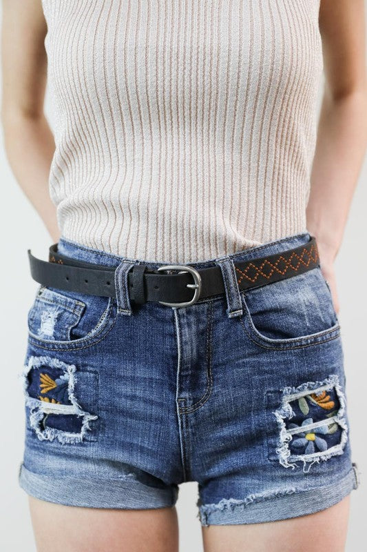 Skinny Embroidered Faux Leather Belt (Various colors)