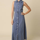 Olivaceous - Elsie Button-Front Denim Maxi Dress
