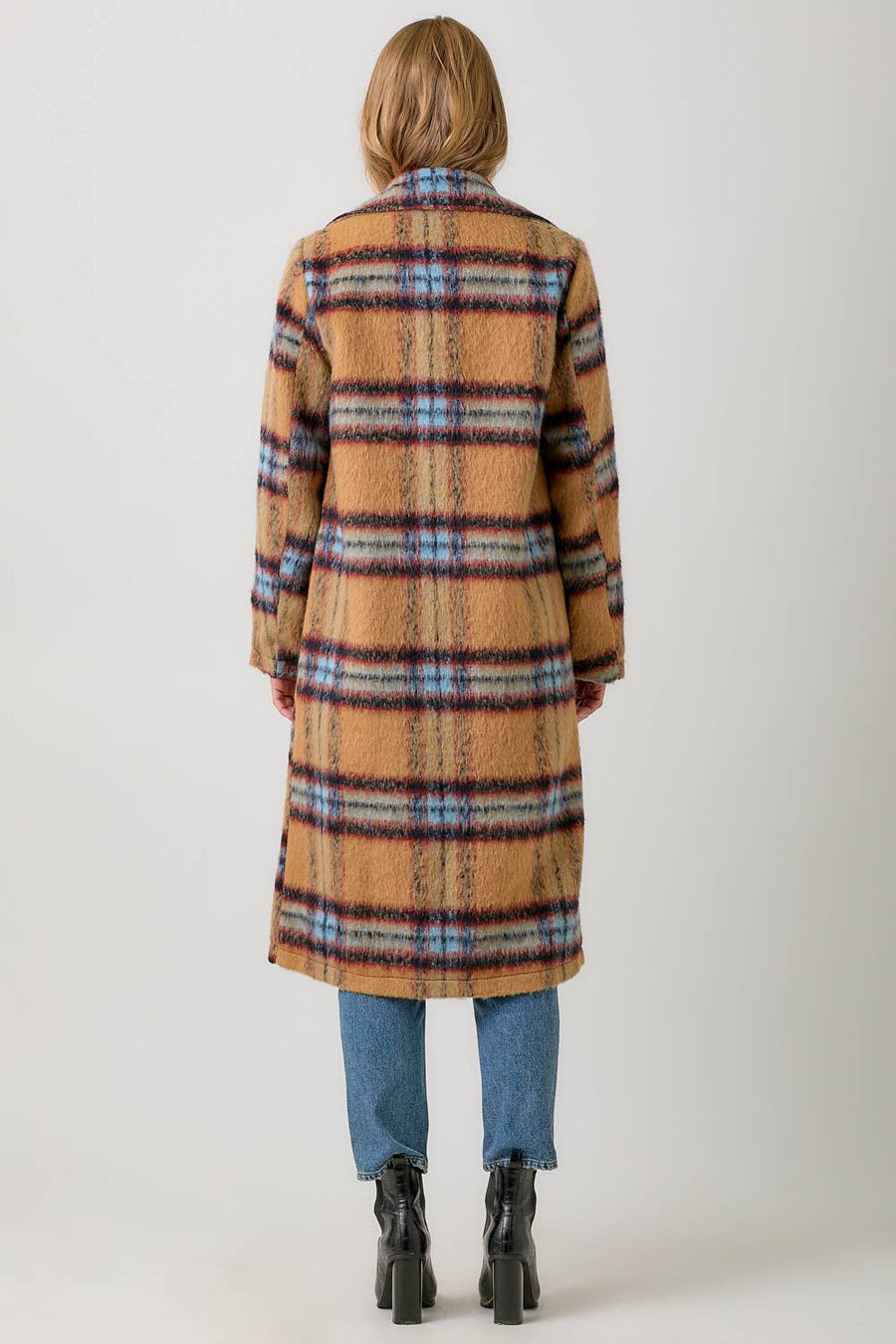 Mystree Fuzzy Plaid Long Coat