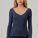 Raglan Deep V Neck Long Sleeve Rib Top, Hashttag