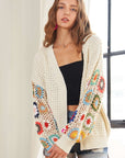 ADORA Plus Size Contrast Crochet Open Front Long Sleeve Cardigan