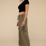 Washed Linen Elastic Band Waist Cargo Pants, Zenana (various colors)