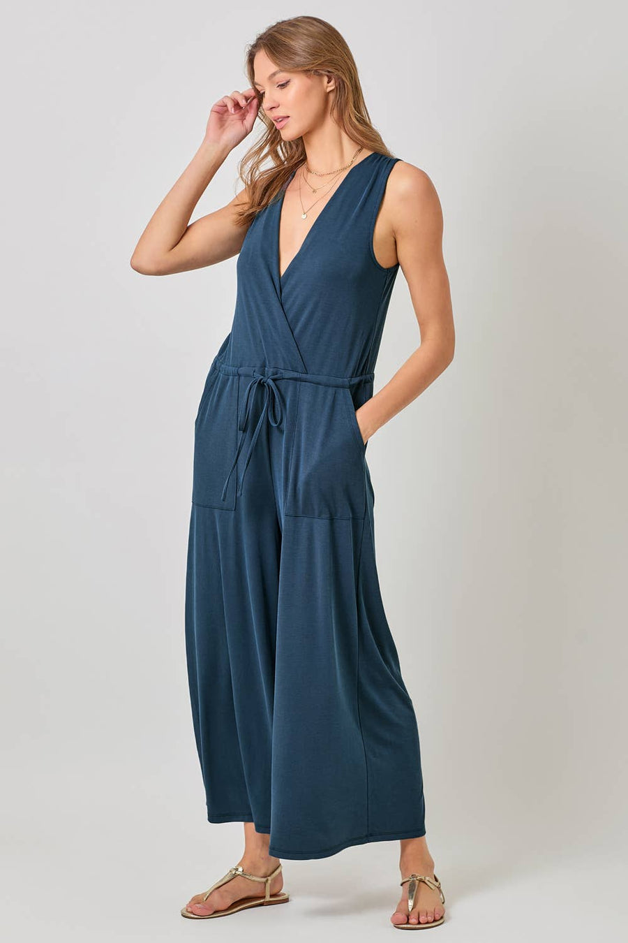 Mystree - Modal Ribbed Surplice Neck Jumpsuit