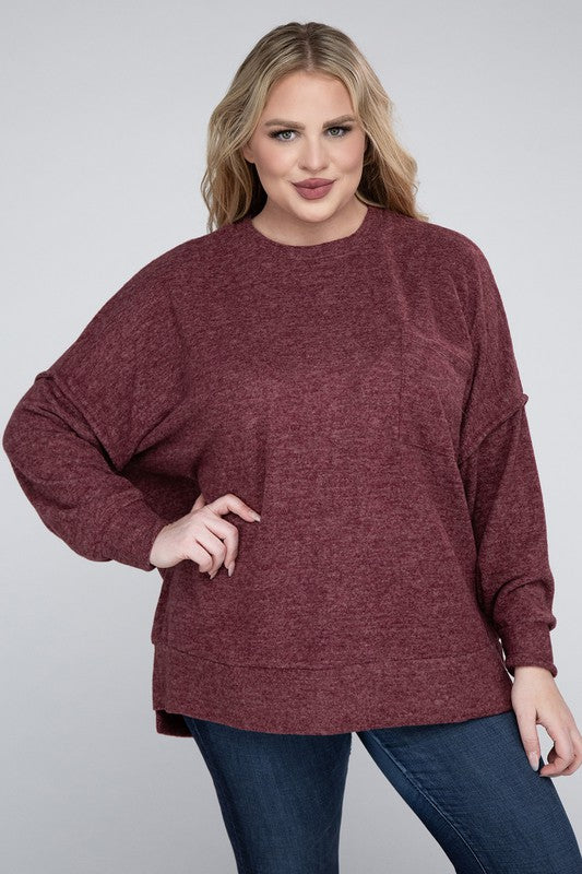 Brushed Melange Drop Shoulder Sweater, Various Colors, Zenana (Plus only)