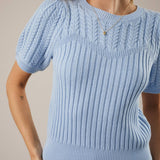Sunday Edition by LE LIS - ROUND NECK PUFF SHORT SLEEVE CABLE SWEATER