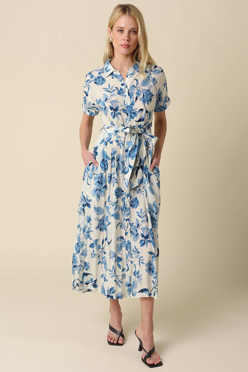 Olivaceous - Annika Blue Floral Belted Maxi Dress Contemporary / Cream Blue / M Olivaceous - Annika Blue Floral Belted Maxi Dress Contemporary / Cream Blue / M