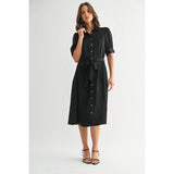 FUN2FUN - SATIN PLEATS DETAIL TIE WAIST SHIRT DRESS