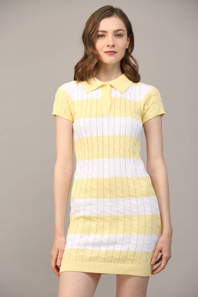 FATE - STRIPE POLO COLLAR SHORT SLV SWEATER DRESS