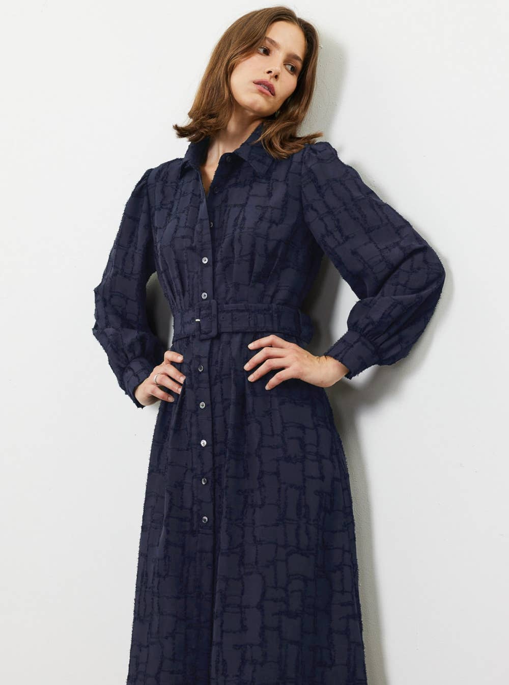 Current Air - Textured Jacquard Shirt Midi Dress