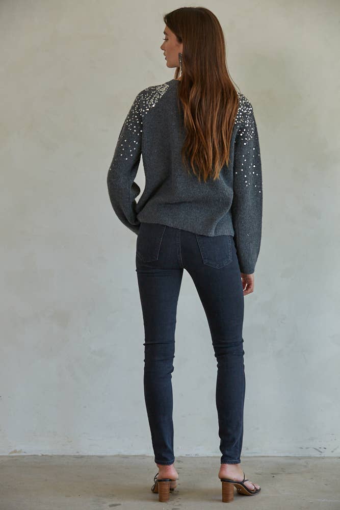 By Together Knit Sweater Ribbed Sequin Detail Crew Neck Pullover