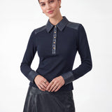 Current Air - Ribbed Knit Faux Leather Polo Top