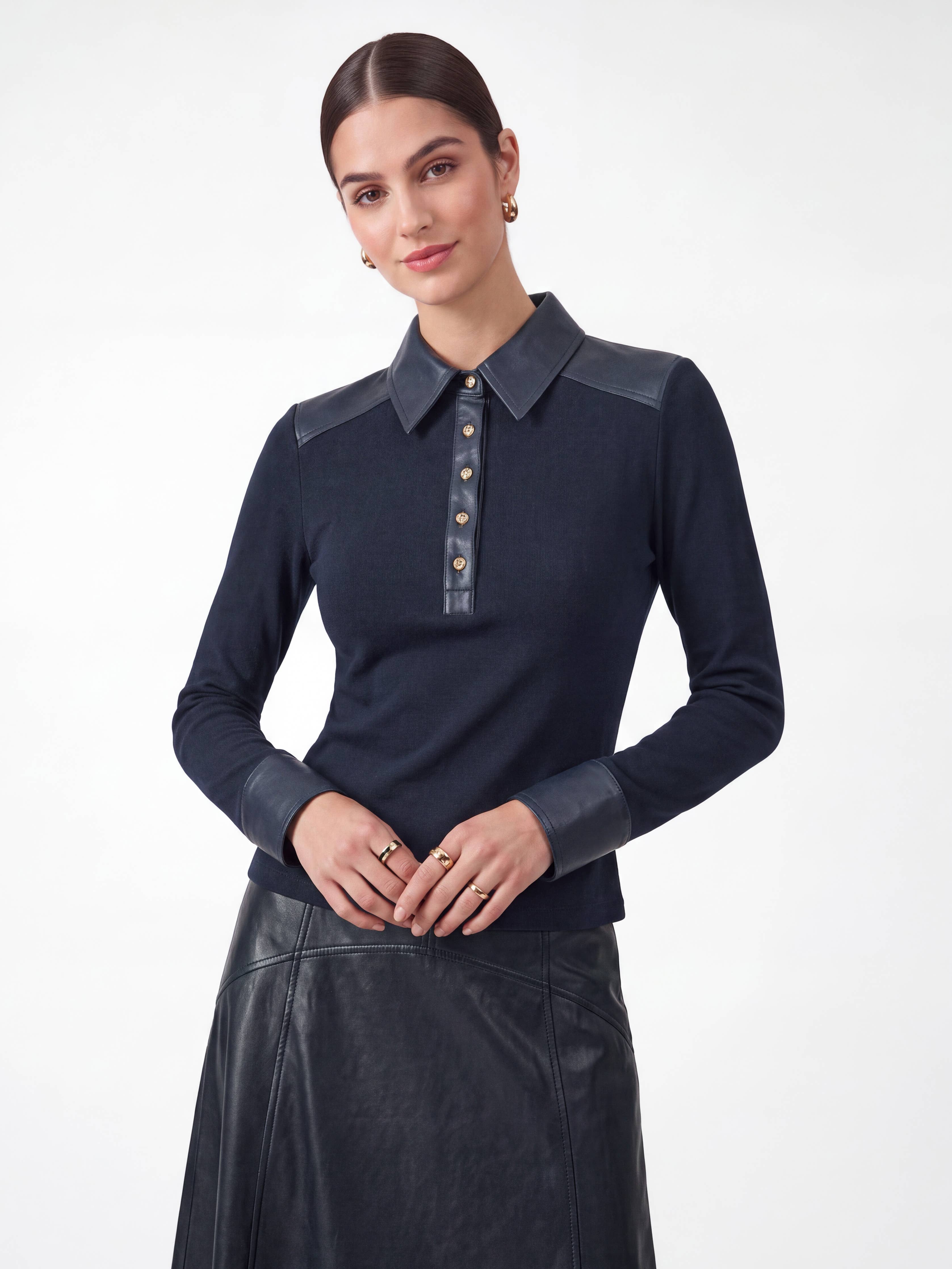 Current Air - Ribbed Knit Faux Leather Polo Top