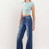 High Rise Distressed Wide Leg Jean in Ocean View, Flying Monkey