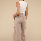 Washed Linen Elastic Band Waist Cargo Pants, Zenana (various colors)