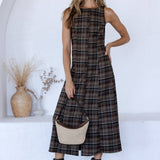 STORIA - BROWN & BLACK PLAID BUTTON-FRONT MIDI DRESS