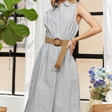 ADORA Striped Button Down Sleeveless Midi Dress