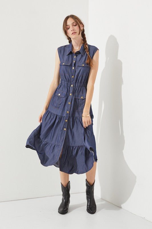 PLUS SLEEVELESS BUTTON DOWN COLLARED DENIM DRESS, Jade by Jane