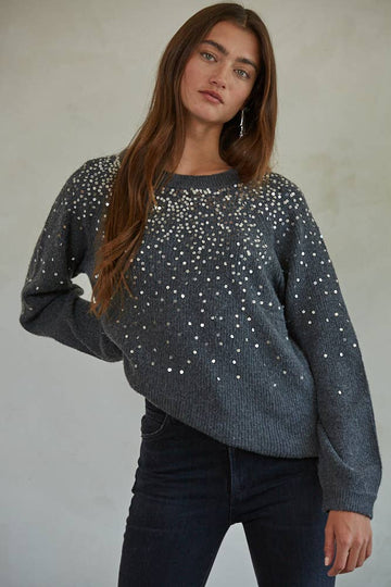 By Together Knit Sweater Ribbed Sequin Detail Crew Neck Pullover