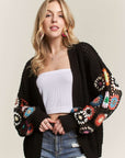 ADORA Contrast Crochet Open Front Long Sleeve Cardigan