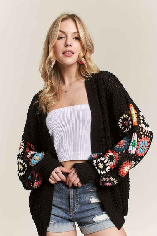 ADORA Contrast Crochet Open Front Long Sleeve Cardigan