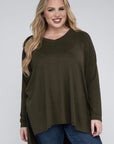 V-Neck Side Slit Hi-Low Hem Top, Various Colors, Zenana (Plus Only)