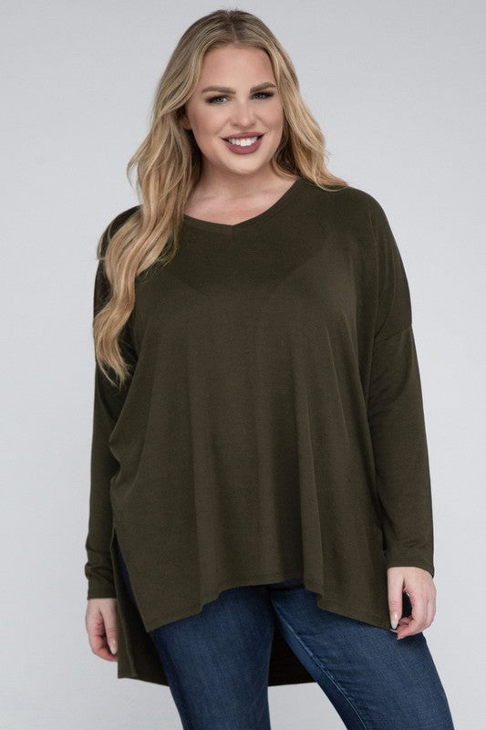 V-Neck Side Slit Hi-Low Hem Top, Various Colors, Zenana (Plus Only)