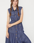 PLUS SLEEVELESS BUTTON DOWN COLLARED DENIM DRESS, Jade by Jane