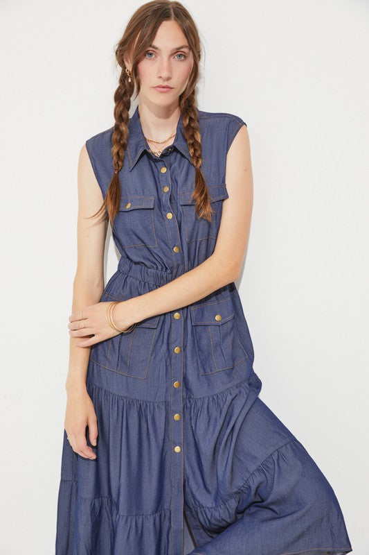 PLUS SLEEVELESS BUTTON DOWN COLLARED DENIM DRESS, Jade by Jane