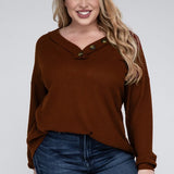 Brushed Waffle V-Neck Button Detail Sweater (Various colors), Zenana, Plus Only