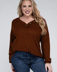 Brushed Waffle V-Neck Button Detail Sweater (Various colors), Zenana, Plus Only