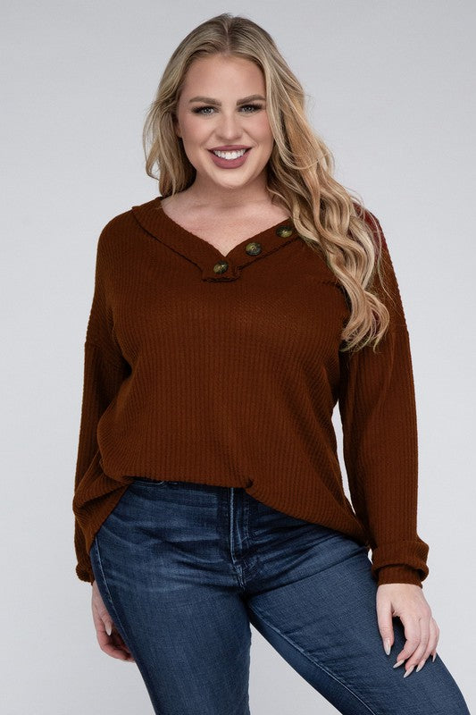 Brushed Waffle V-Neck Button Detail Sweater (Various colors), Zenana, Plus Only