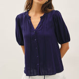 Be Cool - LINEN BLENDED RUFFLE TRIM FRONT TIE BLOUSE