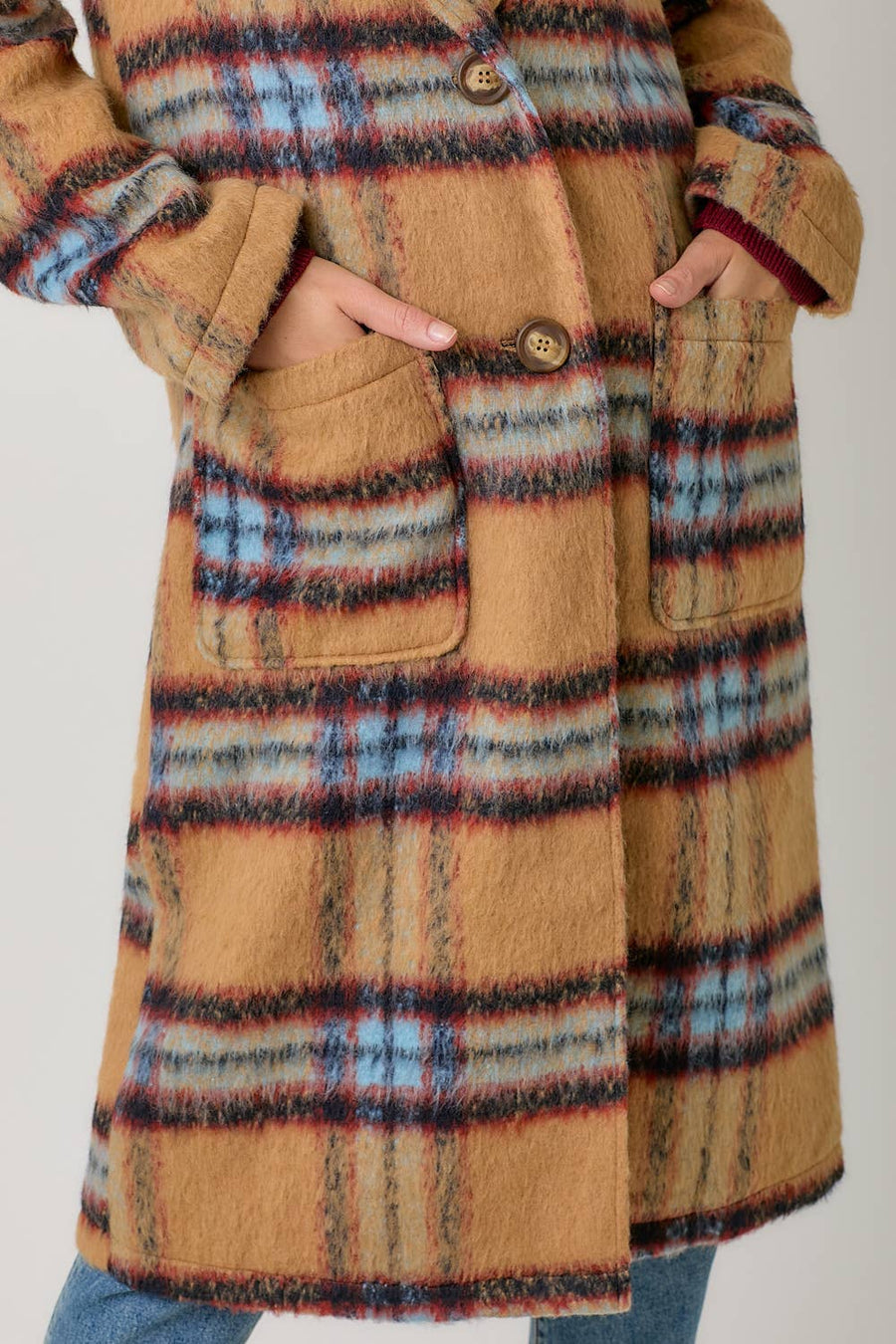 Mystree Fuzzy Plaid Long Coat