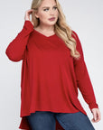 V-Neck Side Slit Hi-Low Hem Top, Various Colors, Zenana (Plus Only)