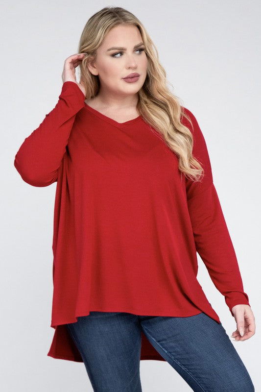 V-Neck Side Slit Hi-Low Hem Top, Various Colors, Zenana (Plus Only)