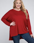 V-Neck Side Slit Hi-Low Hem Top, Various Colors, Zenana (Plus Only)