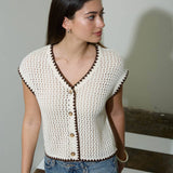 Moon River - CONTRAST STITCH CROCHET KNIT SHORT SLEEVE CARDIGAN