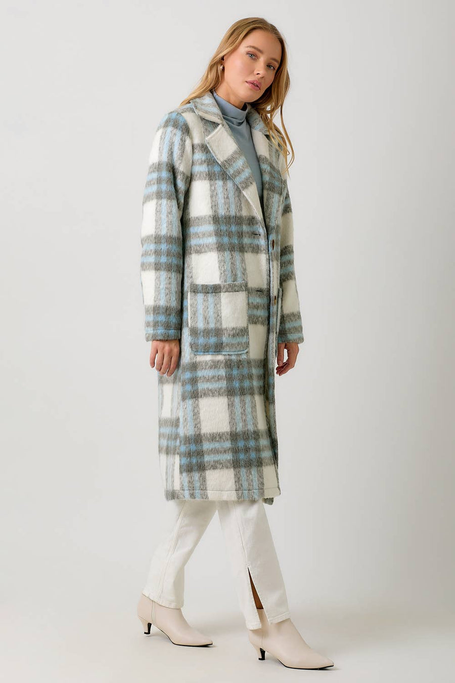 Mystree Fuzzy Plaid Long Coat