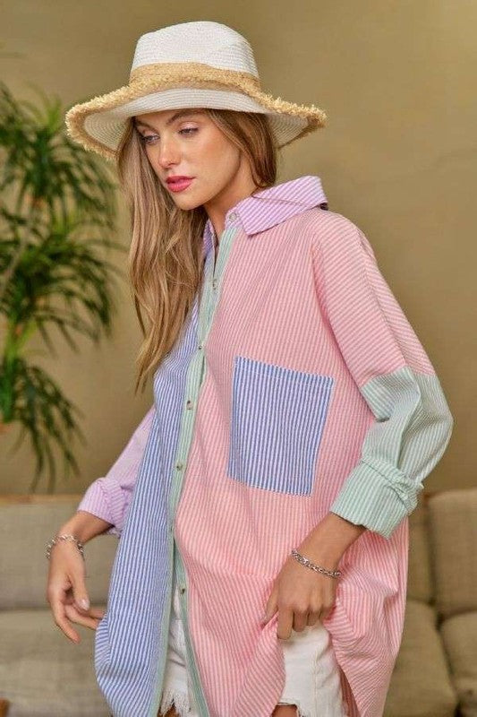 OVERSIZED MULTI COLOR STRIPE BUTTON DOWN, Davi & Dani