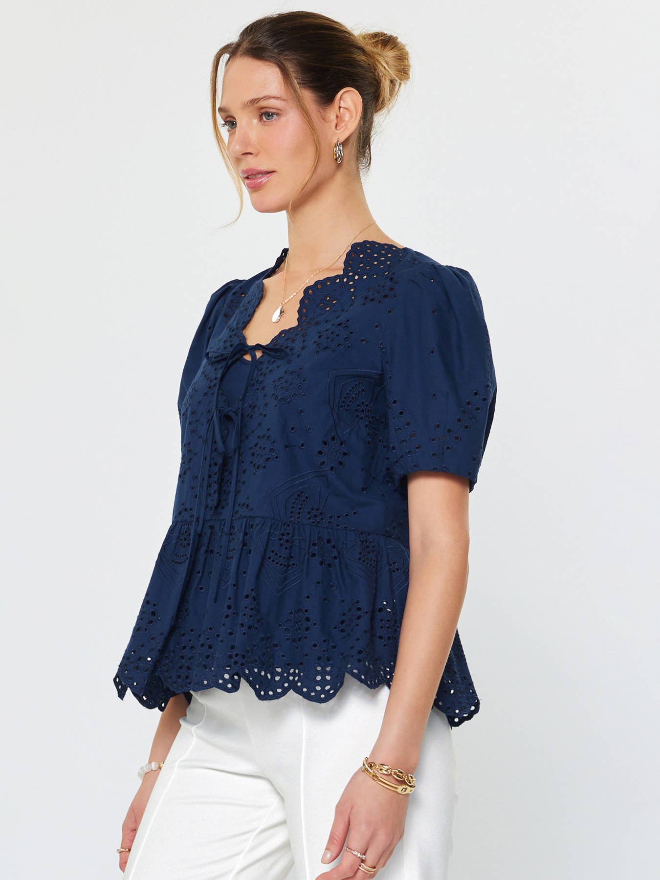 Current Air - Tie Front Eyelet Embroidered Blouse