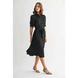 FUN2FUN - SATIN PLEATS DETAIL TIE WAIST SHIRT DRESS