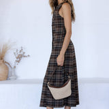 STORIA - BROWN & BLACK PLAID BUTTON-FRONT MIDI DRESS