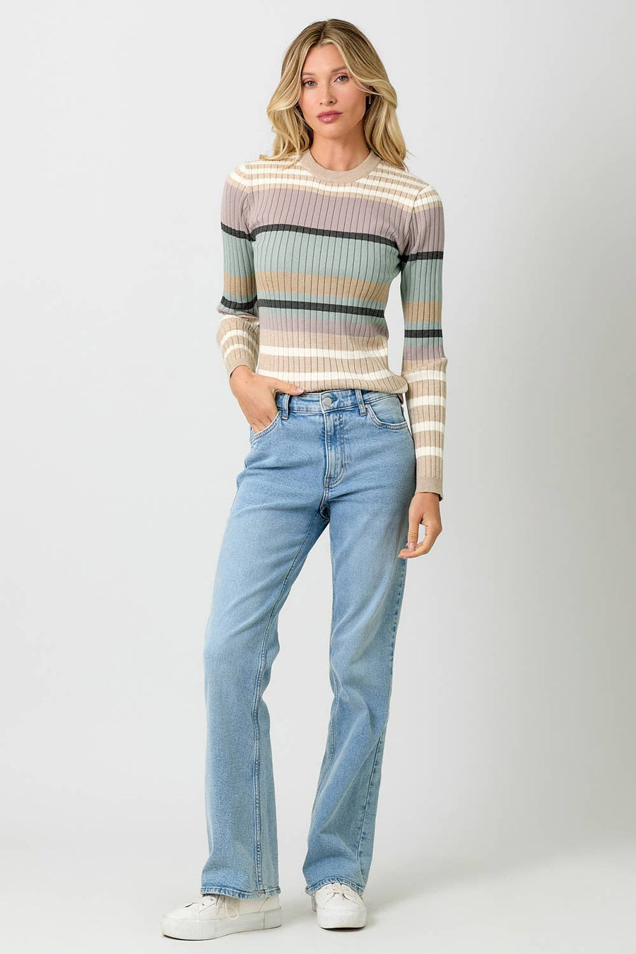 Mystree Color Block Striped Sweater Top