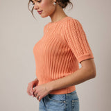 Sunday Edition by LE LIS - ROUND NECK PUFF SHORT SLEEVE CABLE SWEATER