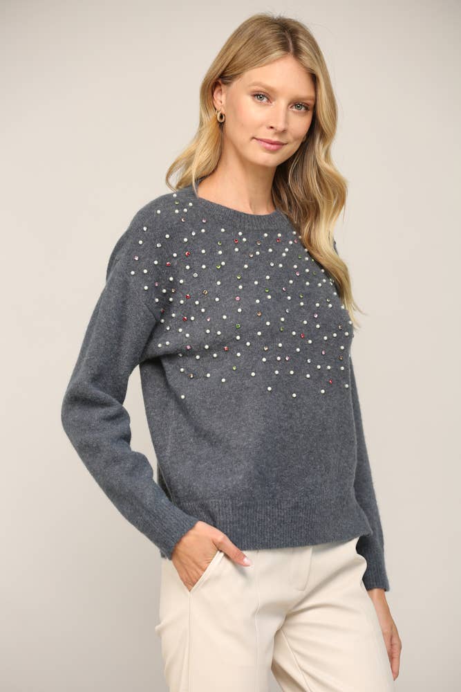 FATE - PEARL TRIM ROUND NECK SWEATER