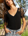 Pol Clothing - 1/2 lace sleeve v-neck tee